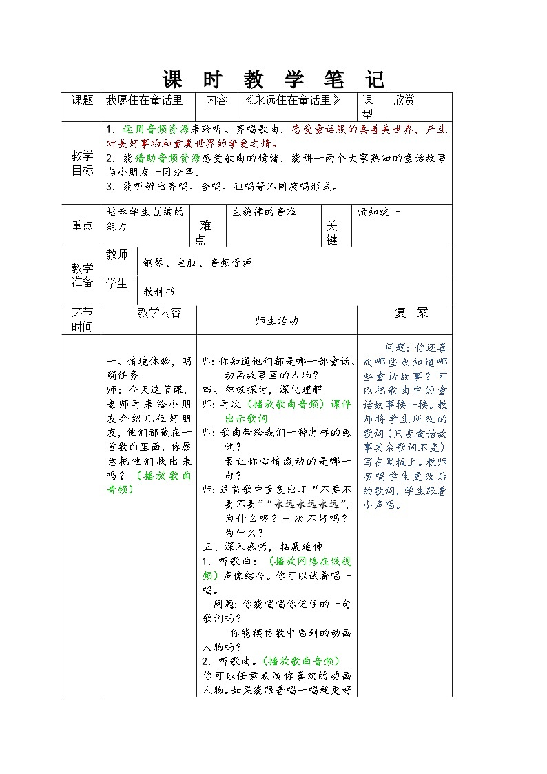《永远住在童话里》（教案） 音乐二年级上册 人教版01