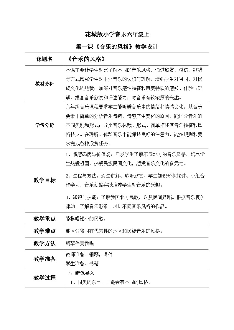 花城版音乐6上第一课《音乐的风格》教案01