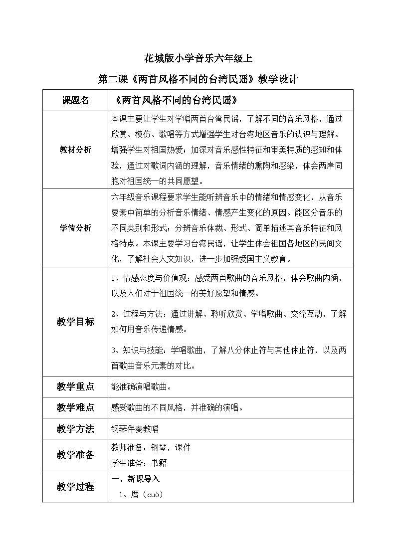 花城版音乐6上第二课《两首风格不同的台湾民谣》教案第1页