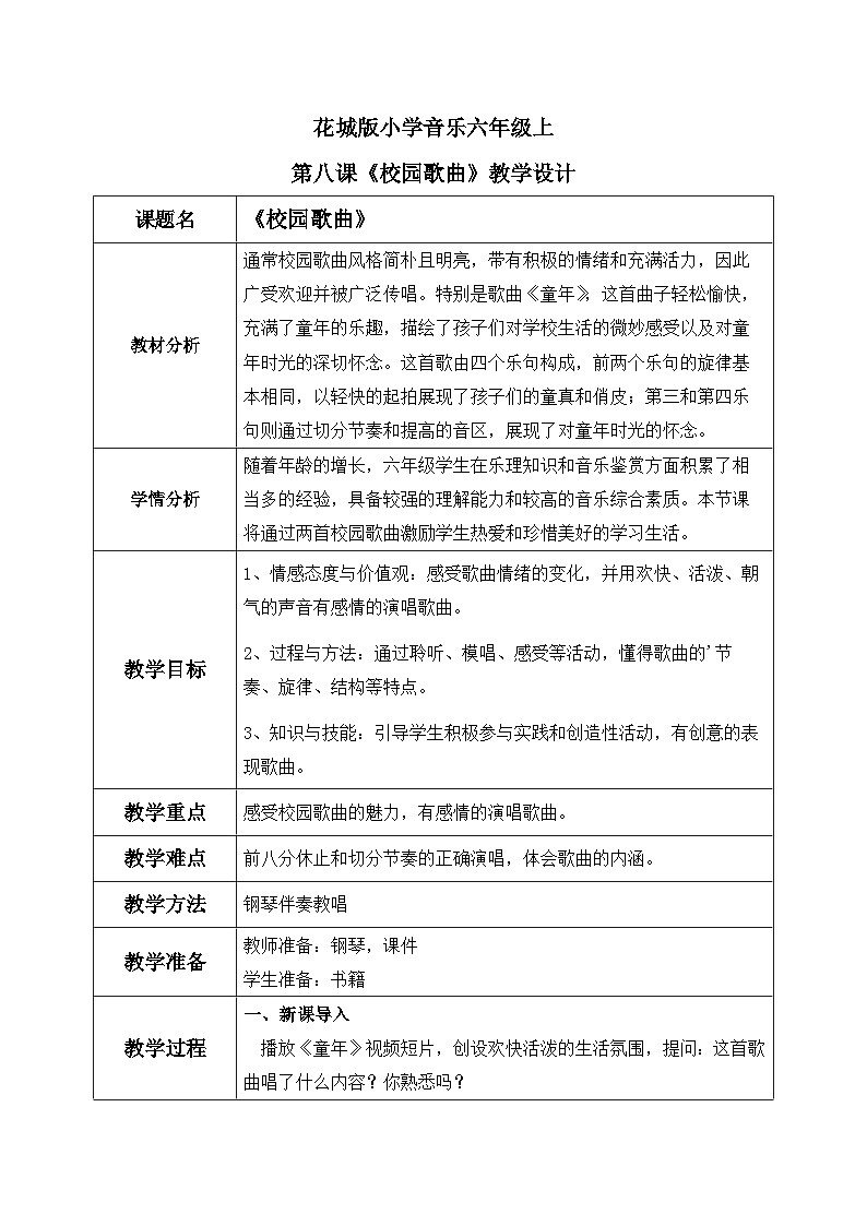 花城版音乐6上第八课《校园歌曲》课件+教案01