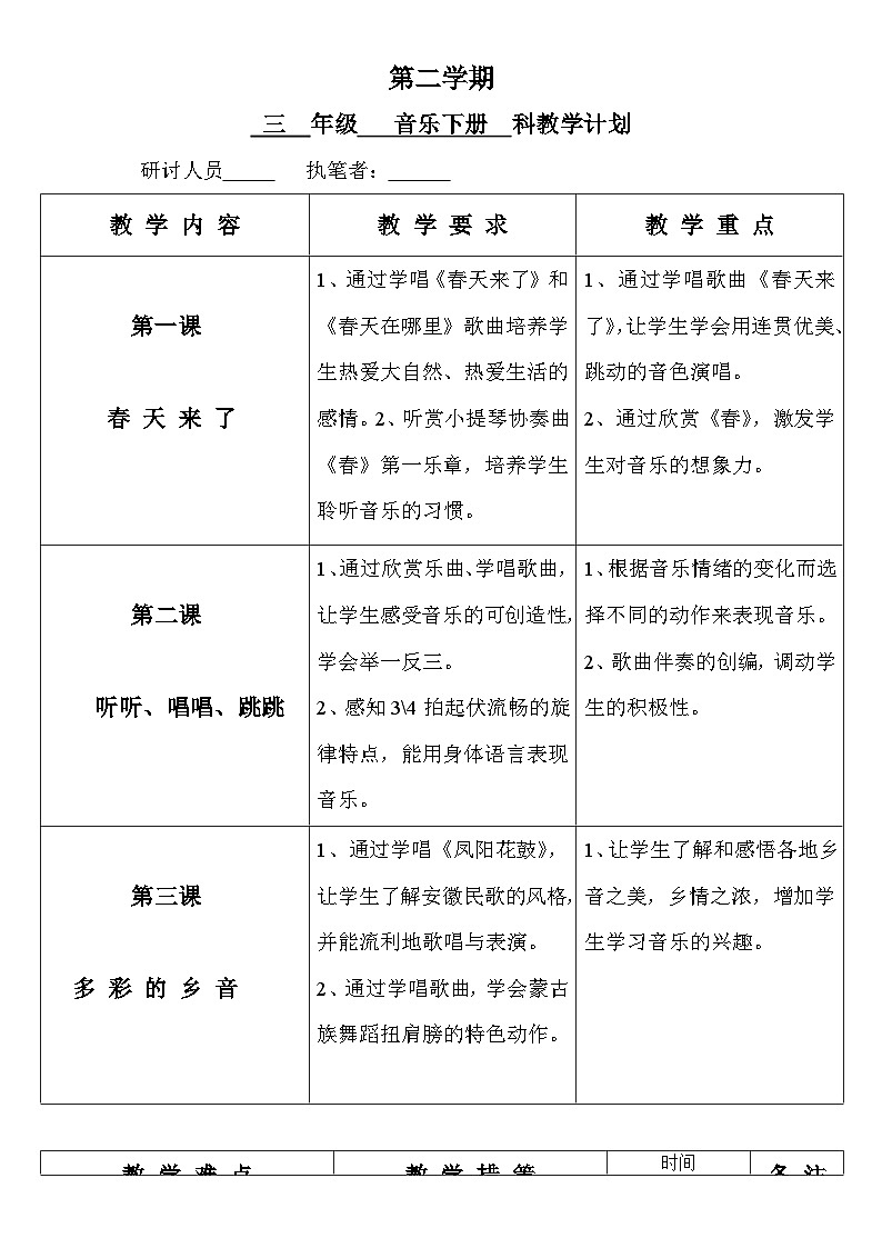 花城版三年级音乐下册教学计划第1页