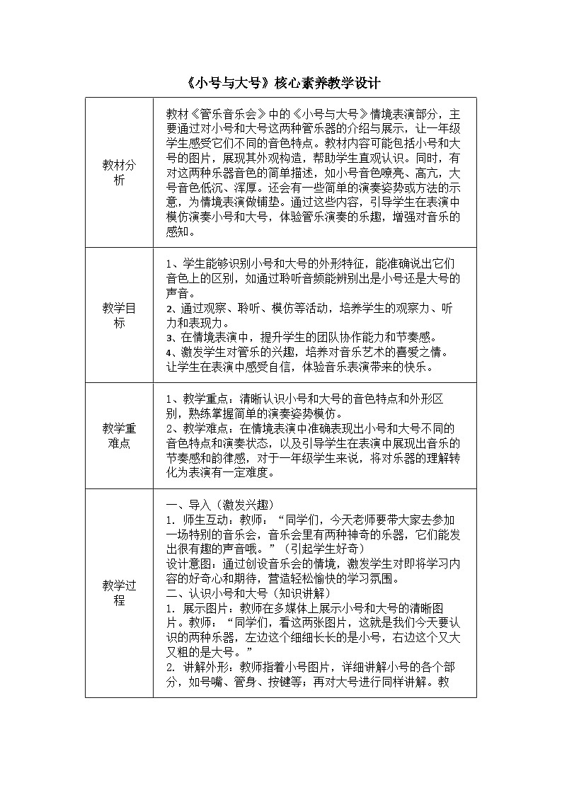 人教版（2024）音乐 一上 6-3《小号与大号》核心素养教学设计第1页