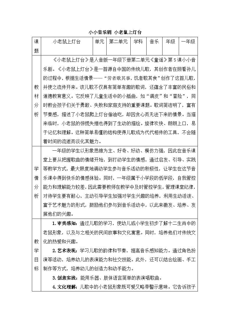 新人音版小学音乐一下 第二单元《小小音乐剧 小老鼠上灯台》教案第1页