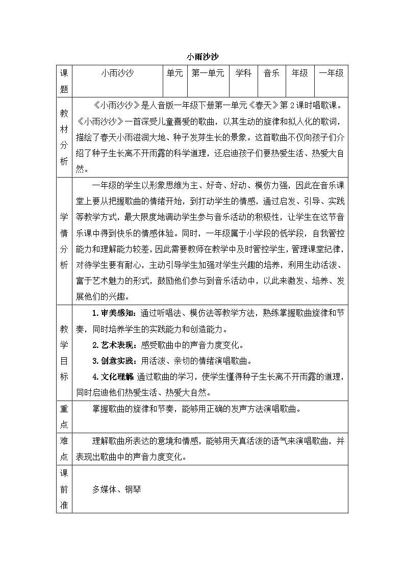 新人音版小学音乐一下 第一单元《唱歌 小雨沙沙》教案第1页