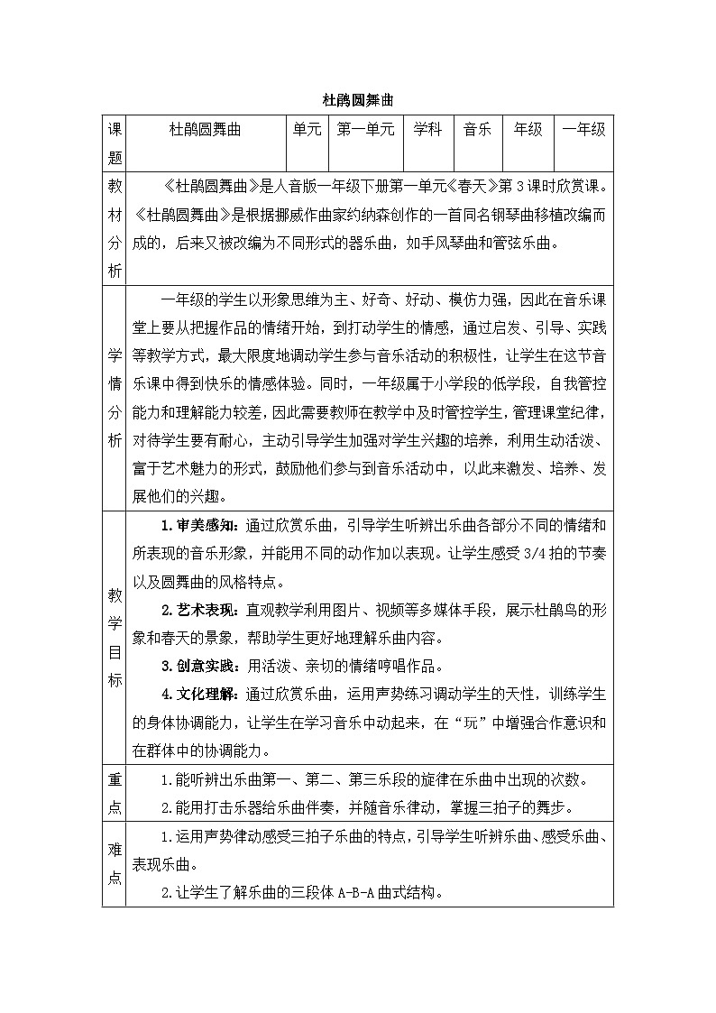 新人音版小学音乐一下 第一单元《聆听 杜鹃圆舞曲》教案第1页