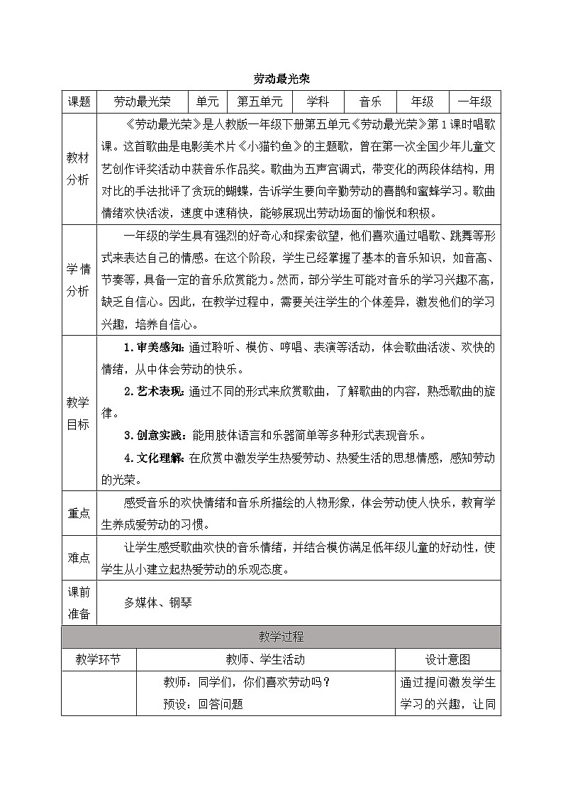 新人教版小学音乐一下第五单元《劳动最光荣》教案第1页