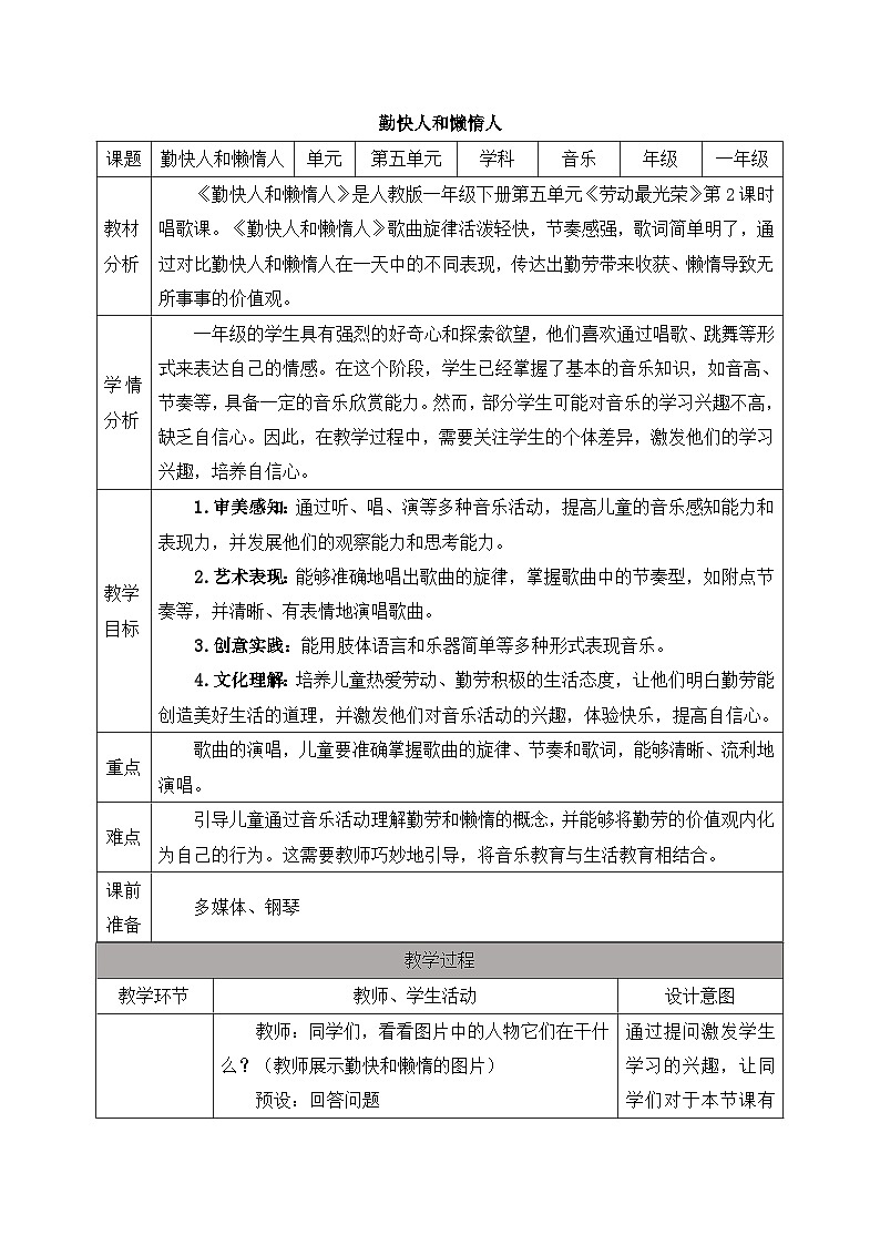 新人教版小学音乐一下第五单元《勤快人和懒惰人》教案第1页