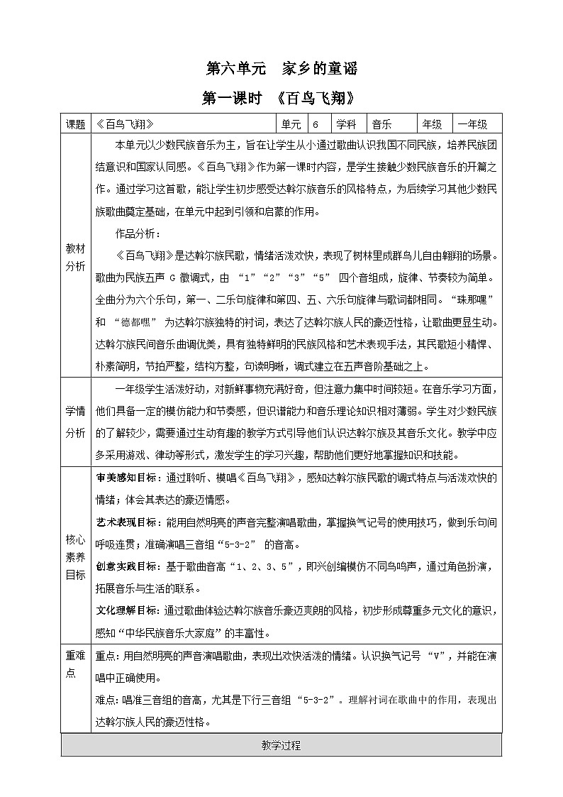 【新课标】西南大学版一年级下册第六单元第一课时《百鸟飞翔》教案第1页