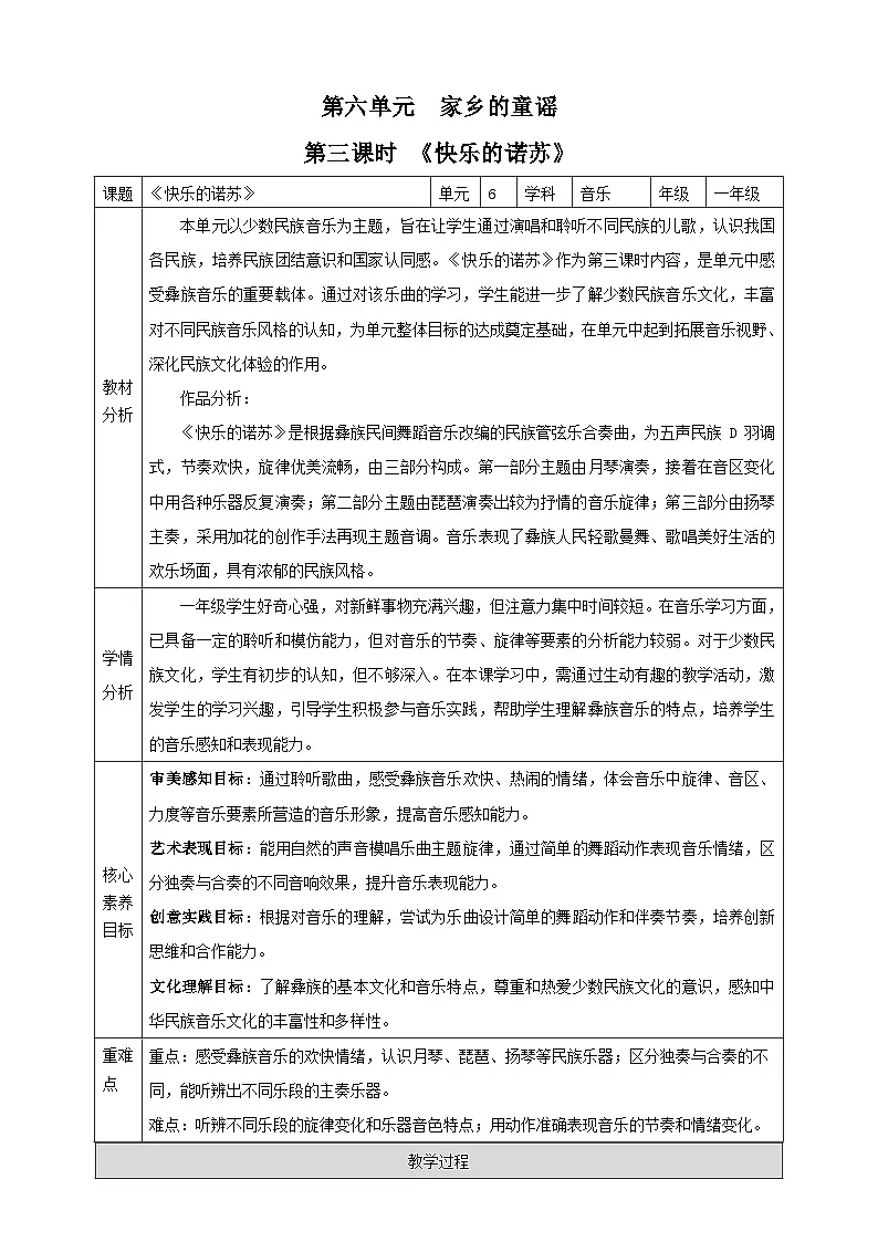 【新课标】西南大学版一年级下册第六单元第三课时《快乐的诺苏》教案第1页