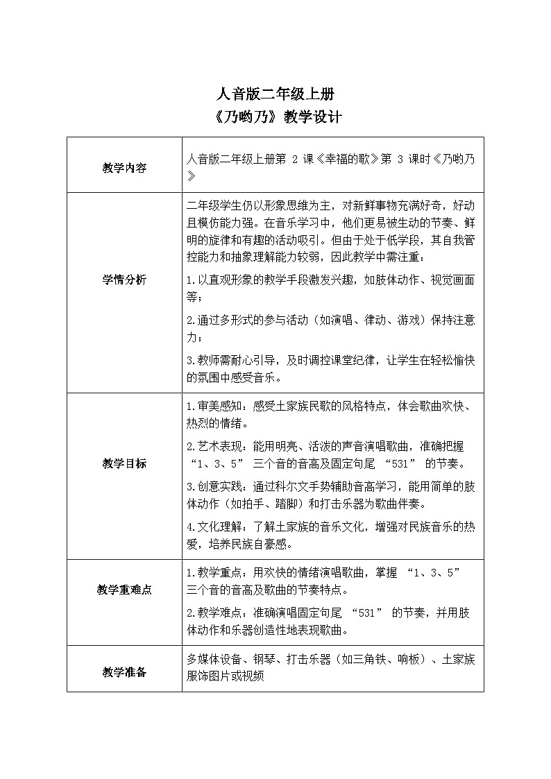 人音版二年级上册音乐第二节《乃哟乃》教学设计（表格式）第1页