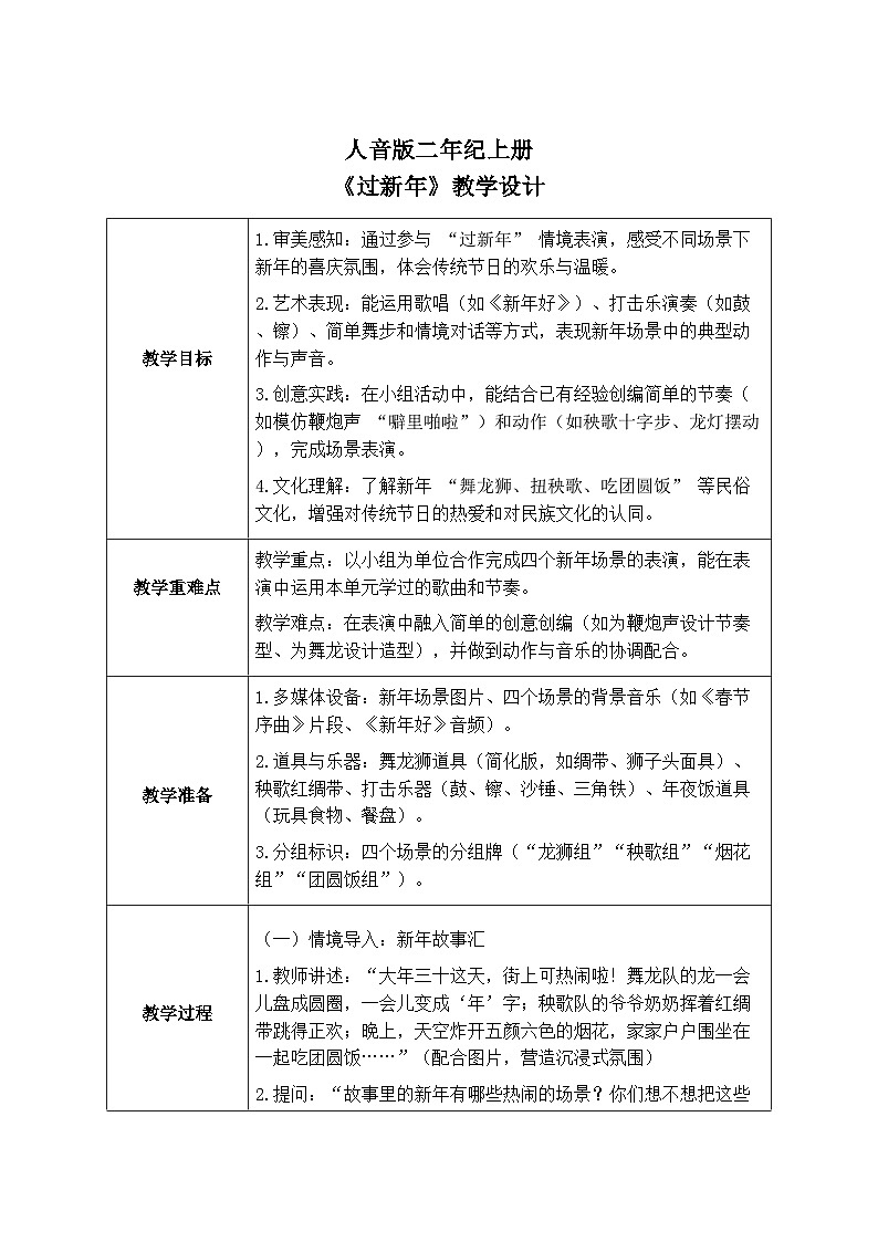 人音版二年级上册音乐第二节《《过新年》教学设计（表格式）第1页