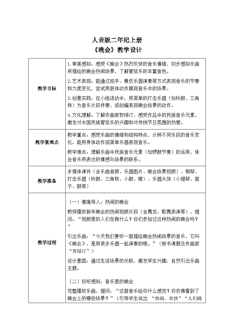 人音版二年级上册音乐第三节《晚会》教学设计（表格式）第1页