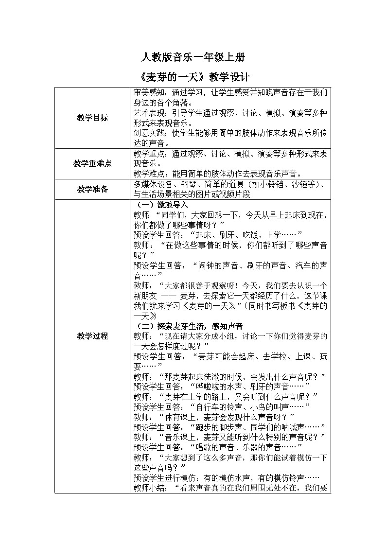 人教版一年级上册音乐第三节 情境表演《麦芽的一天》教学设计（表格式）第1页