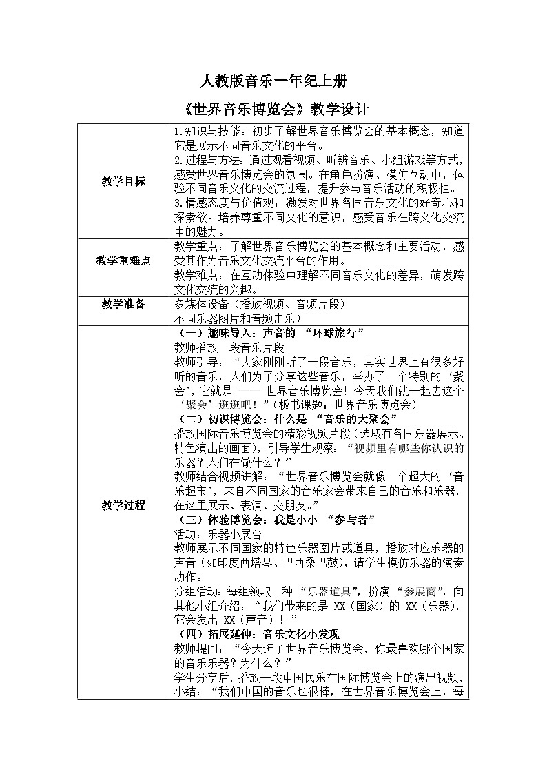 人教版一年级上册音乐第四节 音乐万花筒《世界音乐博览会》教学设计(表格式）第1页