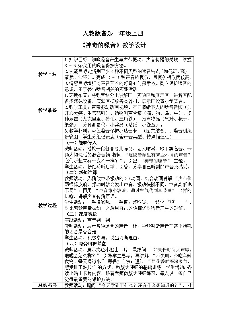 人教版一年级上册音乐第五节 音乐万花筒《神奇的嗓音》教学设计（表格式）第1页