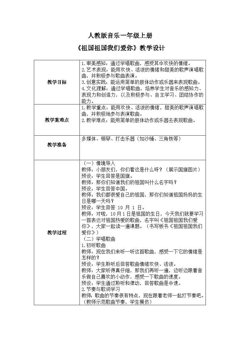 人教版一年级上册音乐第六节 小小歌唱家《祖国祖国我们爱你》教学设计（表格式）第1页