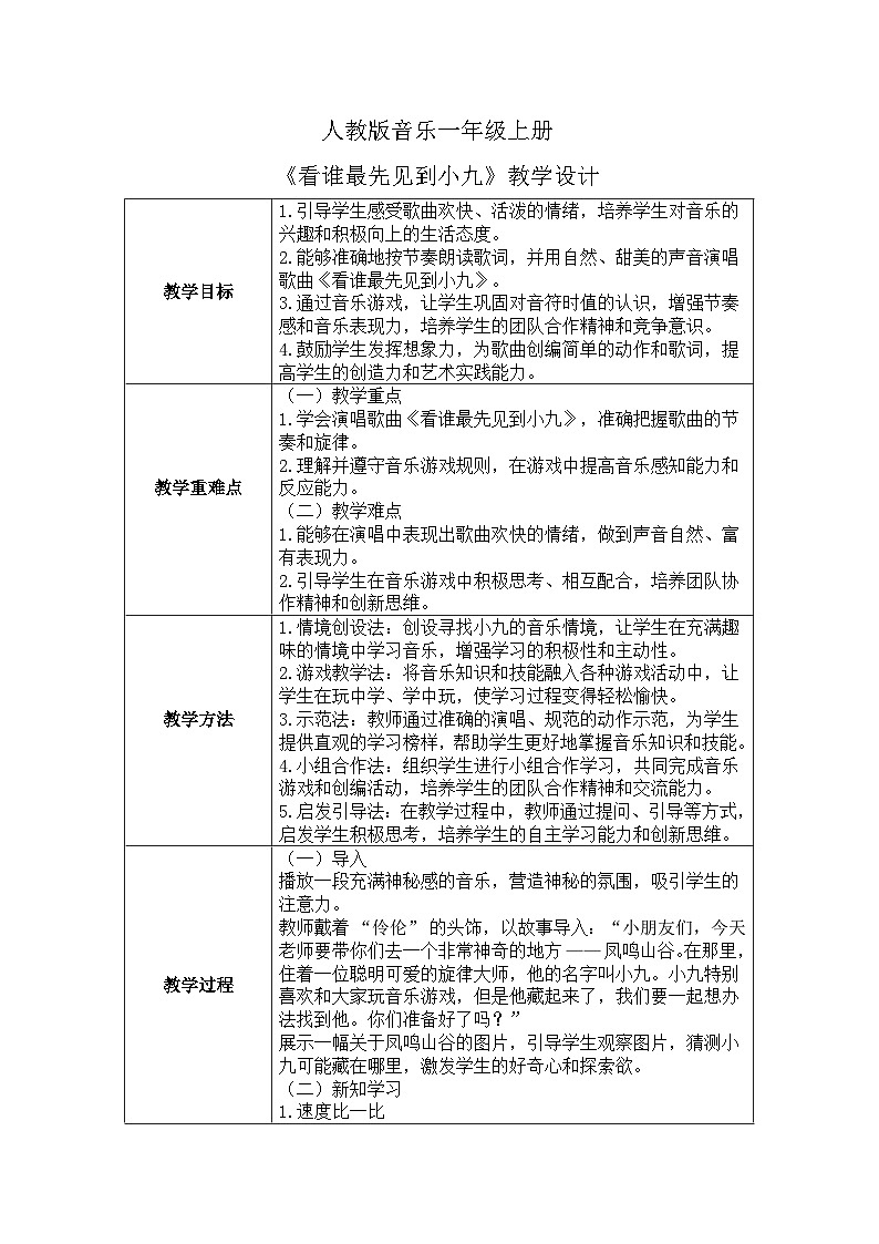 人教版一年级上册音乐第二节 游戏乐翻天《看谁最先见到小九》教学设计（表格式）第1页