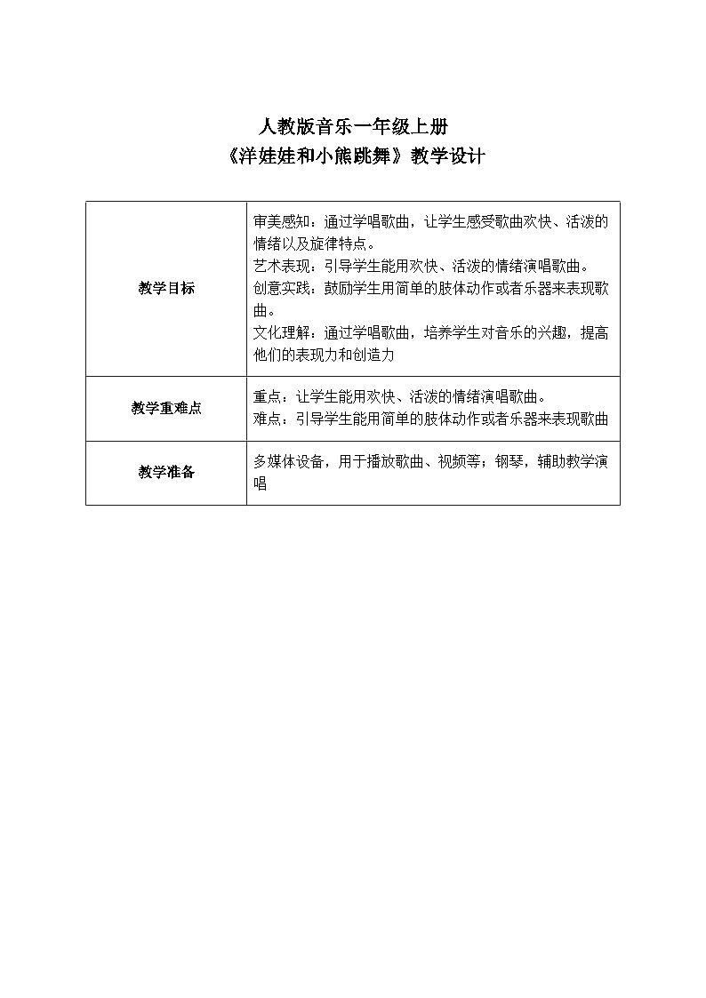 人教版一年级上册音乐第五节 小小歌唱家《洋娃娃和小熊跳舞》教学设计（表格式）第1页