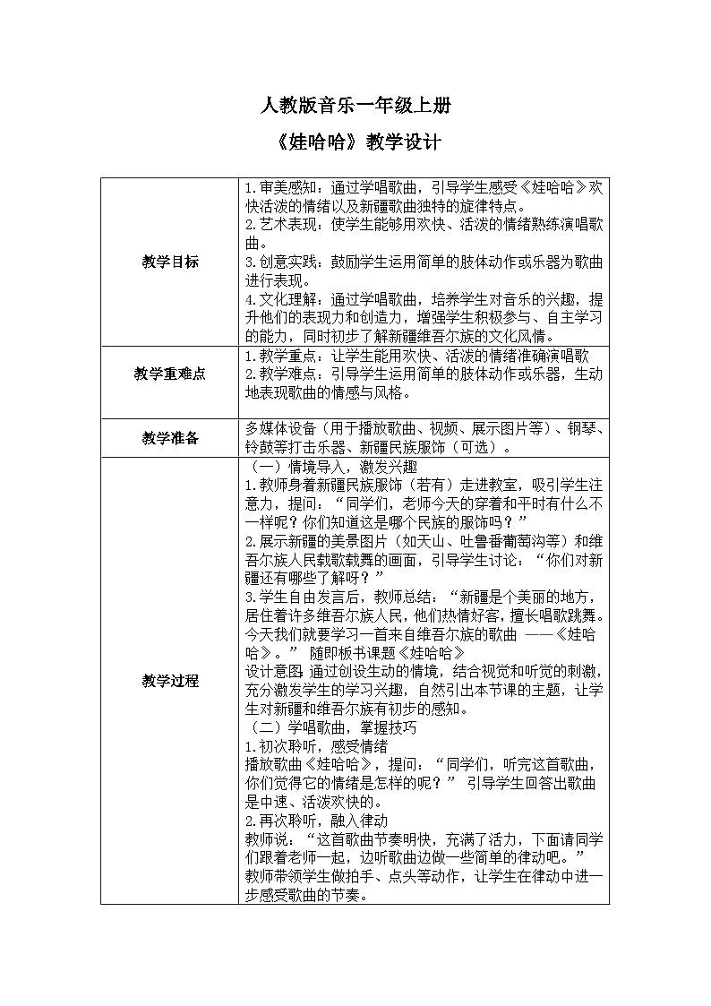 人教版一年级上册音乐第六节 小小歌唱家《娃哈哈》教学设计（表格式）第1页
