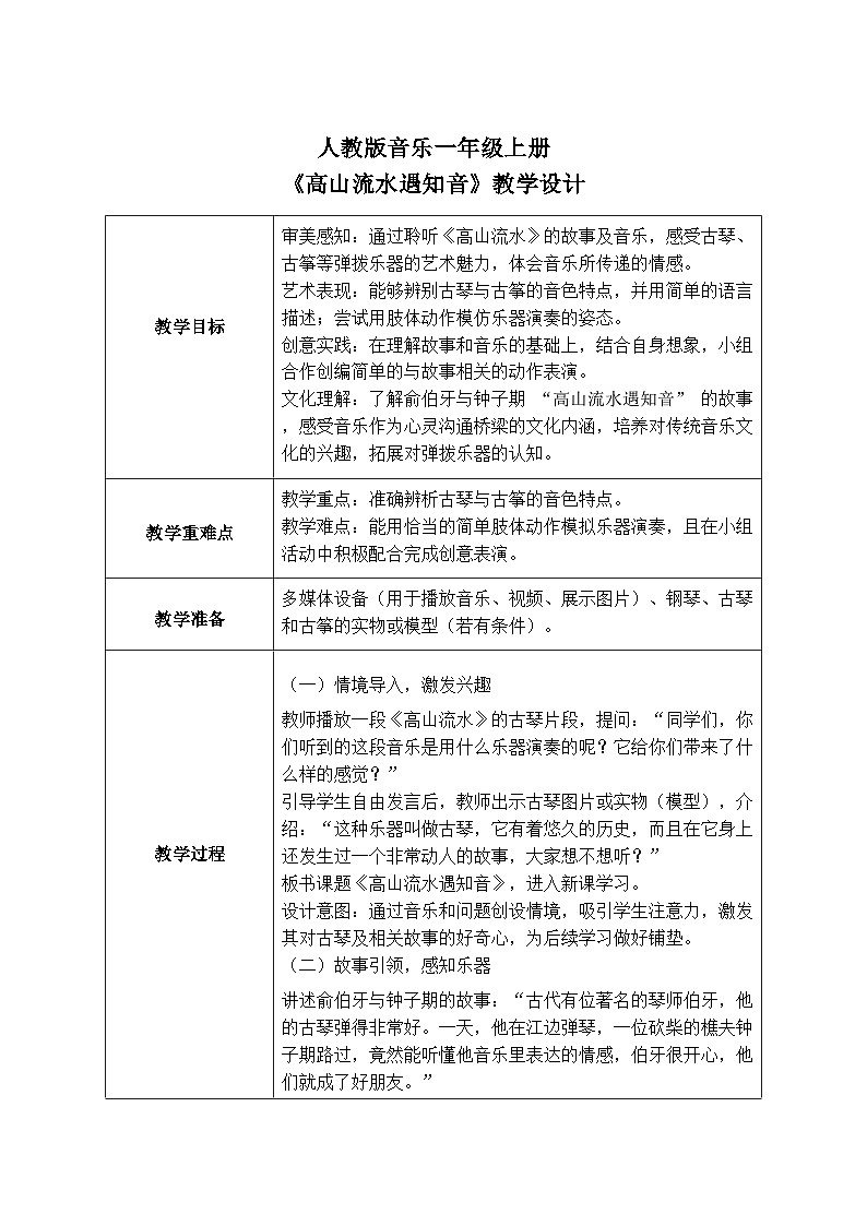 人教版一年级上册音乐第二节 音乐故事会《高山流水遇知音》教学设计（表格式）第1页