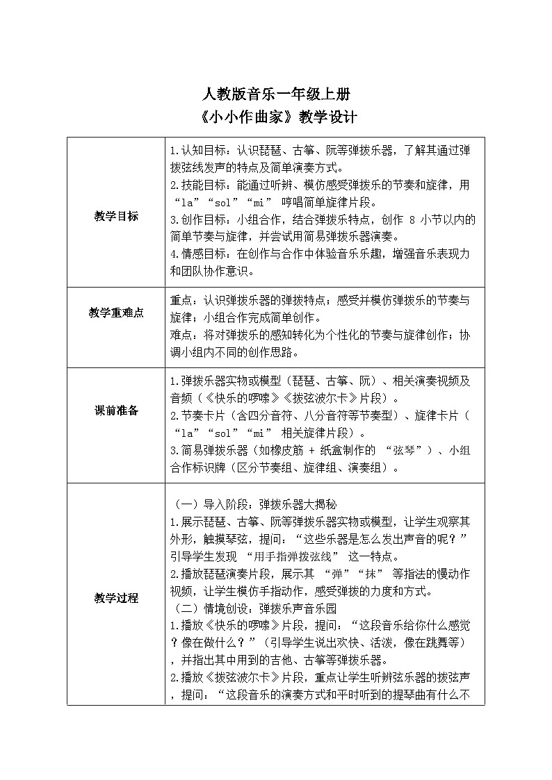 人教版一年级上册音乐第四节 创乐工坊《小小作曲家》教学设计（表格式）第1页
