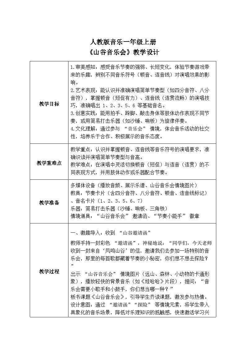 人教版一年级上册音乐第二节 游戏乐翻天《山谷音乐会》教学设计（表格式）第1页