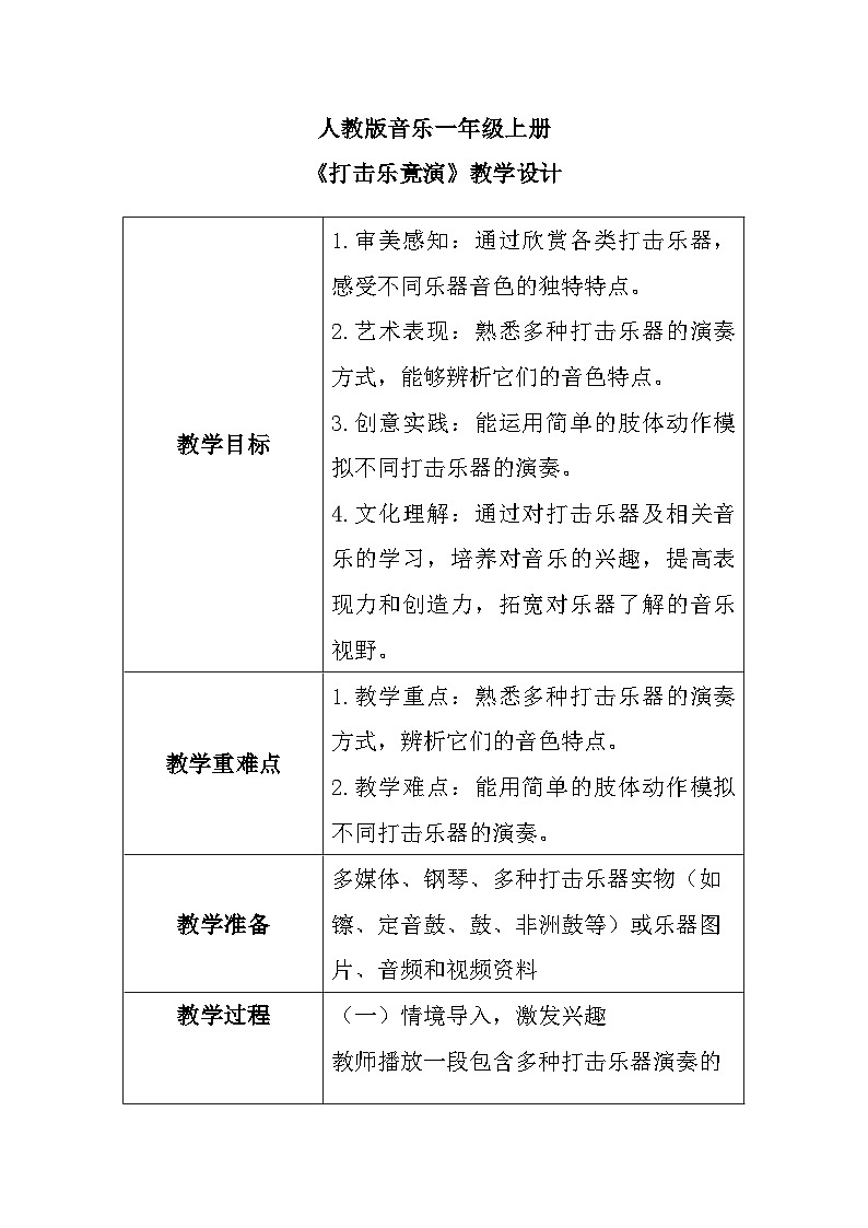 人教版一年级上册音乐第一节 音乐万花筒《打击乐竟演》教学设计（表格式）第1页