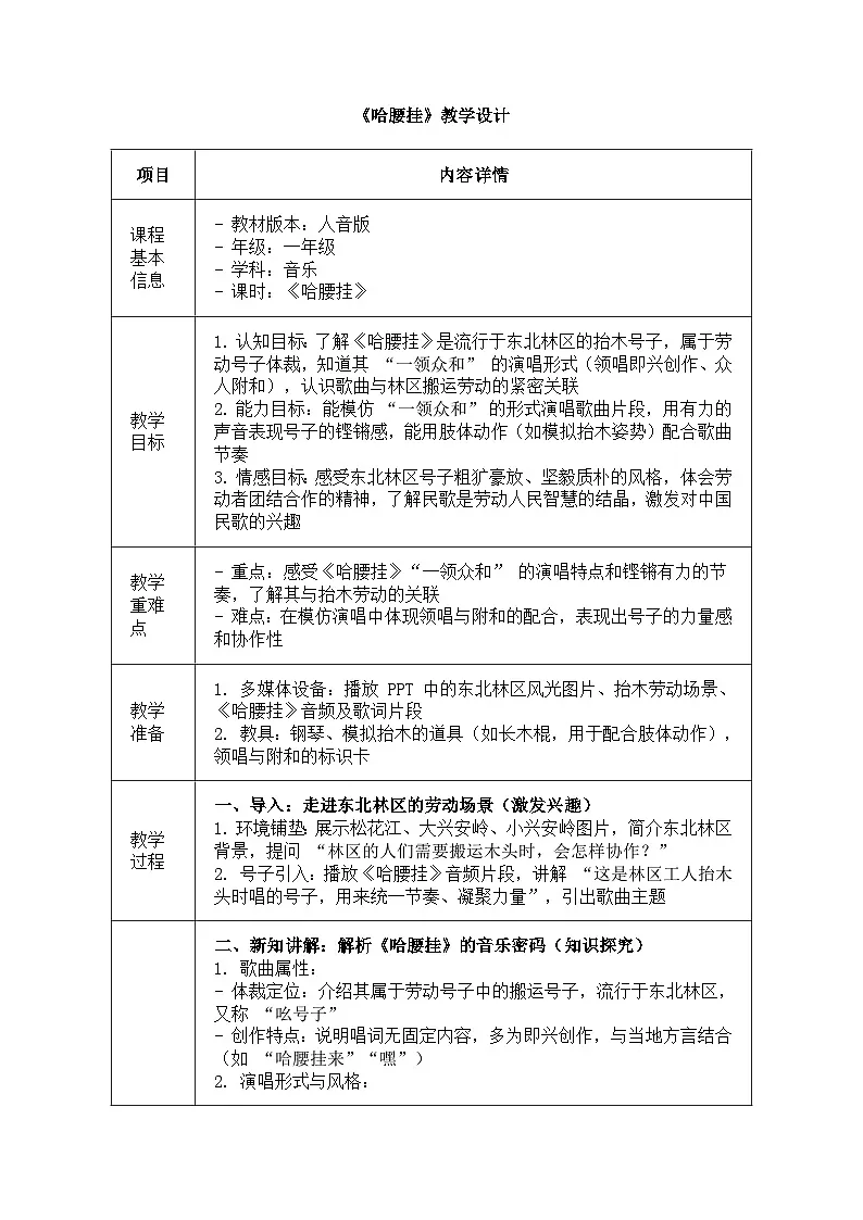 人音版（2024）三年级上册第二单元《哈腰挂》教案第1页