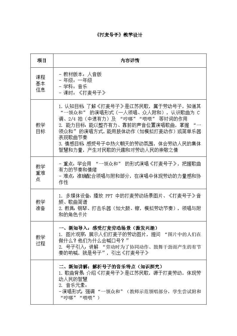 人音版（2024）三年级上册第二单元《打麦号子》教案第1页