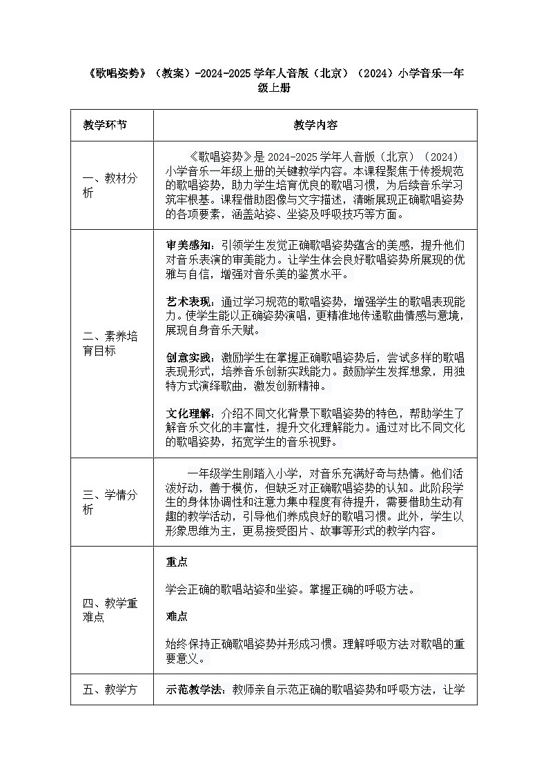 人音版一年级上册音乐第一单元《歌唱姿势》教案第1页