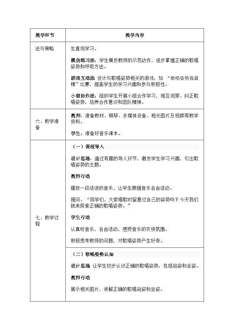 人音版一年级上册音乐第一单元《歌唱姿势》教案第2页