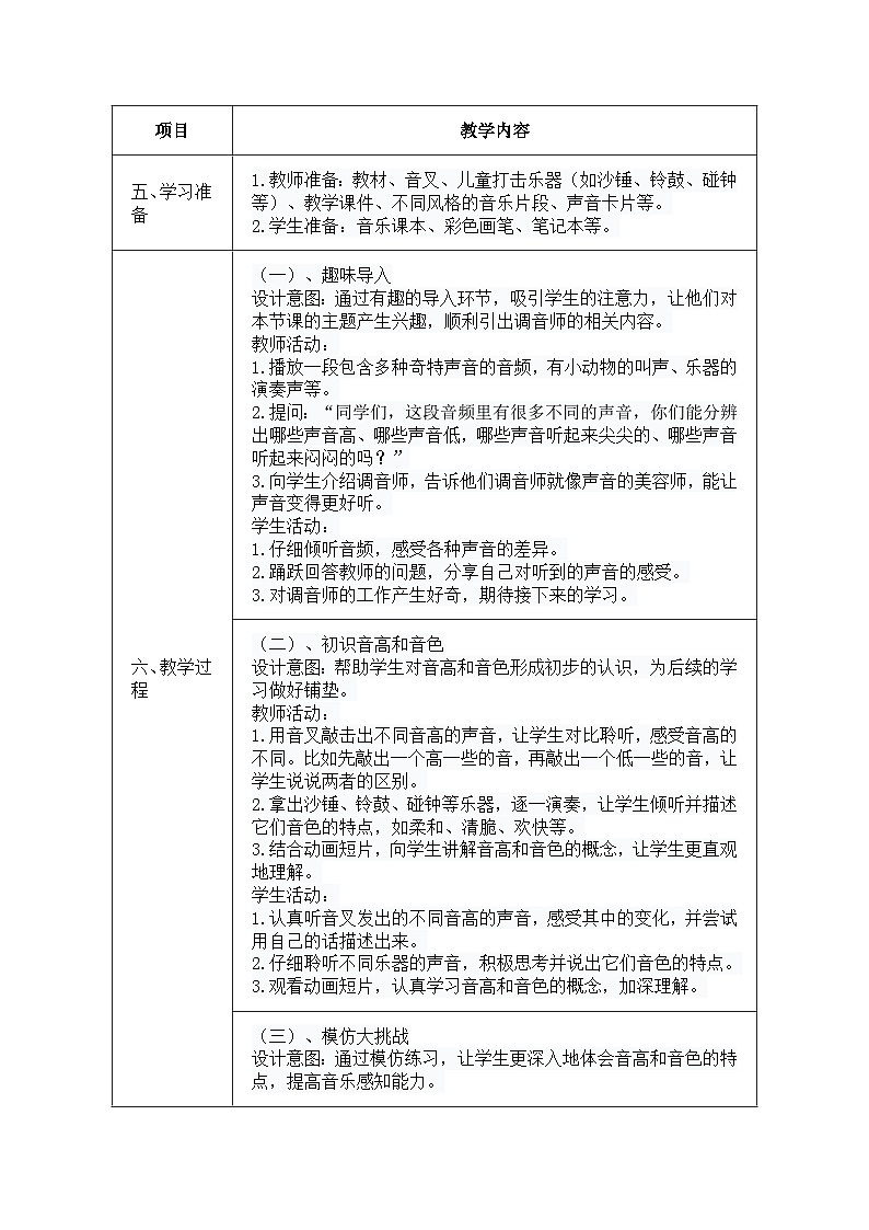 人音版一年级上册音乐第二单元《调音师》教案第2页