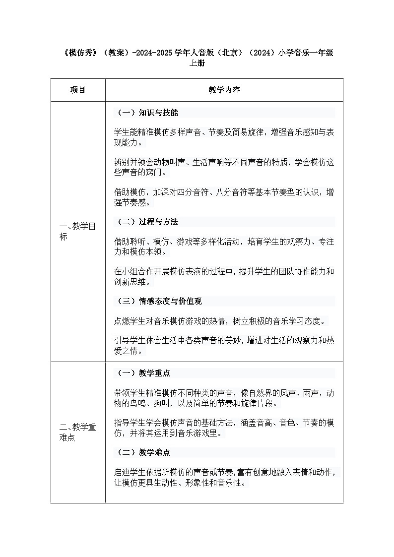 人音版一年级上册音乐第二单元《模仿秀》教案第1页