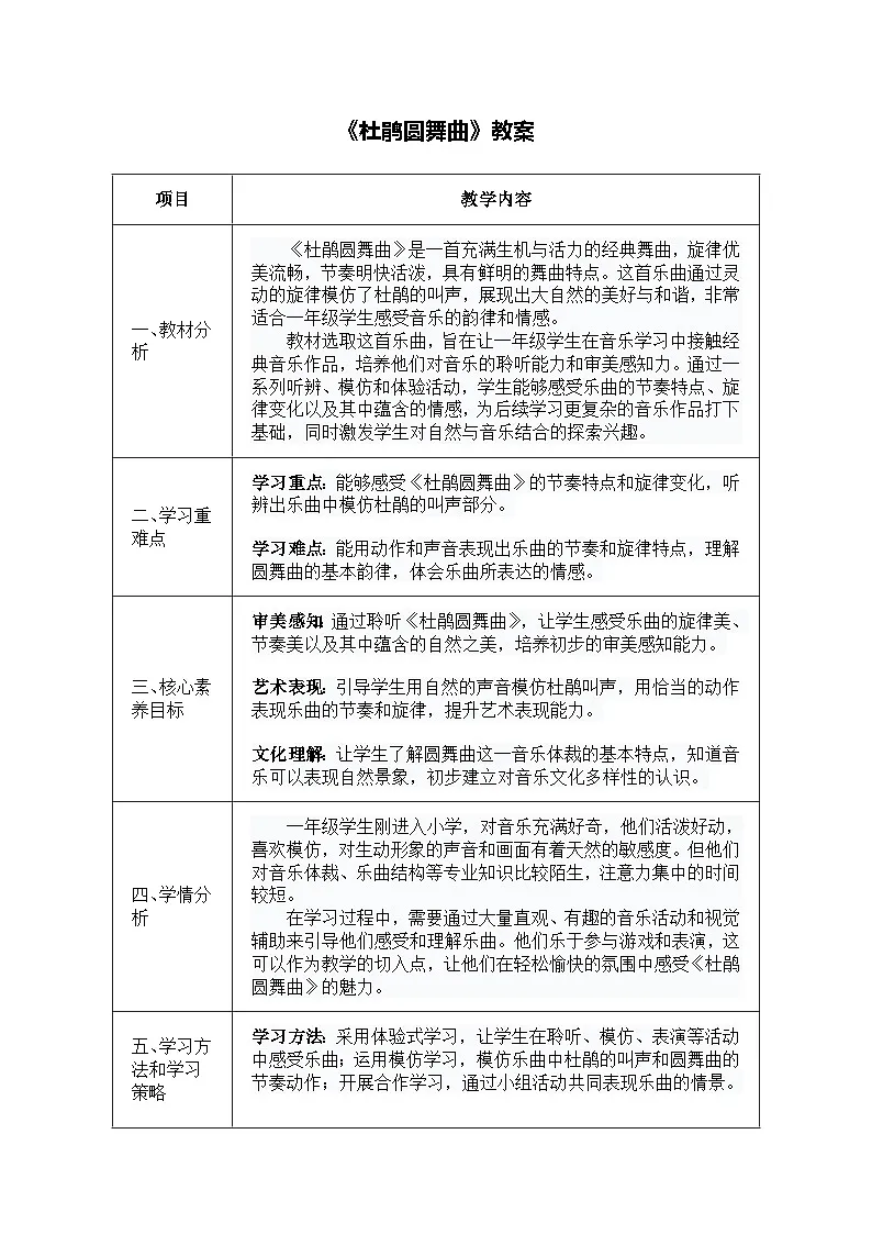 人音版一年级上册音乐第六单元《杜鹃圆舞曲》教案第1页