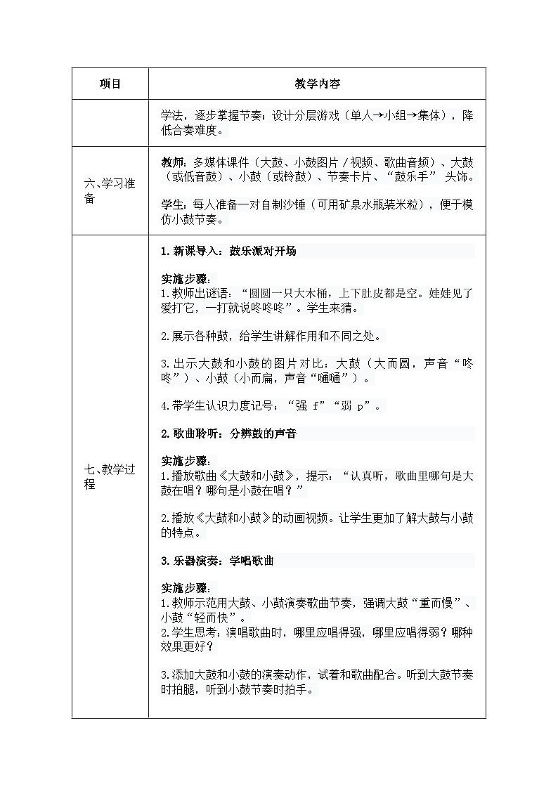 人音版一年级上册音乐第六单元《大鼓和小鼓》教案第2页