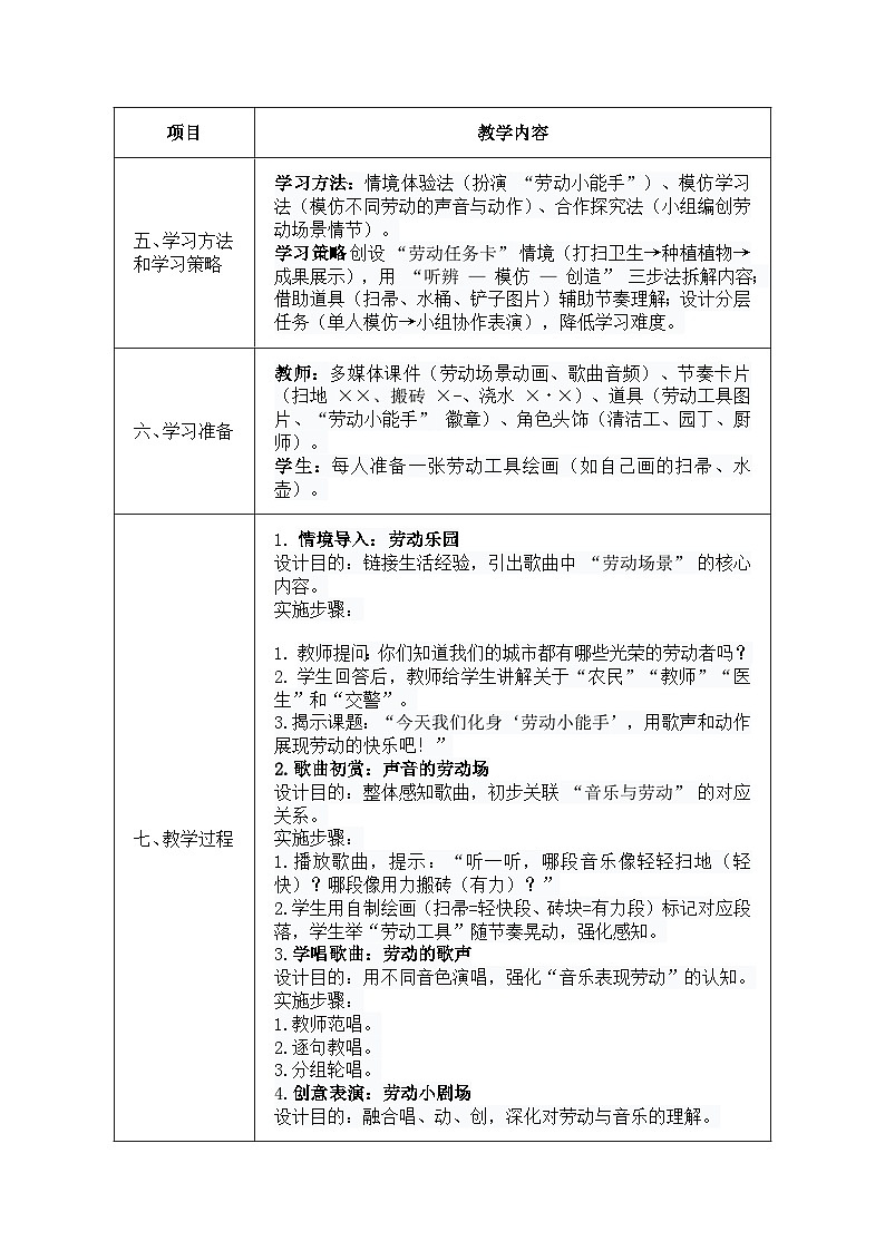 人音版一年级上册音乐第七单元《劳动最光荣》教案第2页
