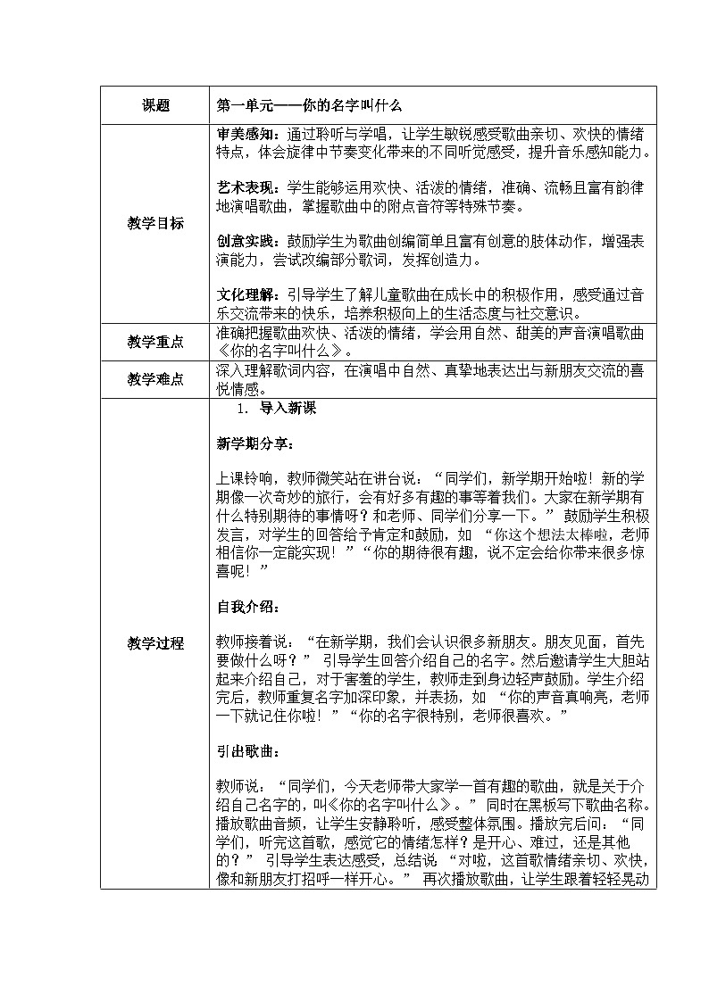 人音版（2024）一年级上册音乐第一单元《你的名字叫什么》教案第1页