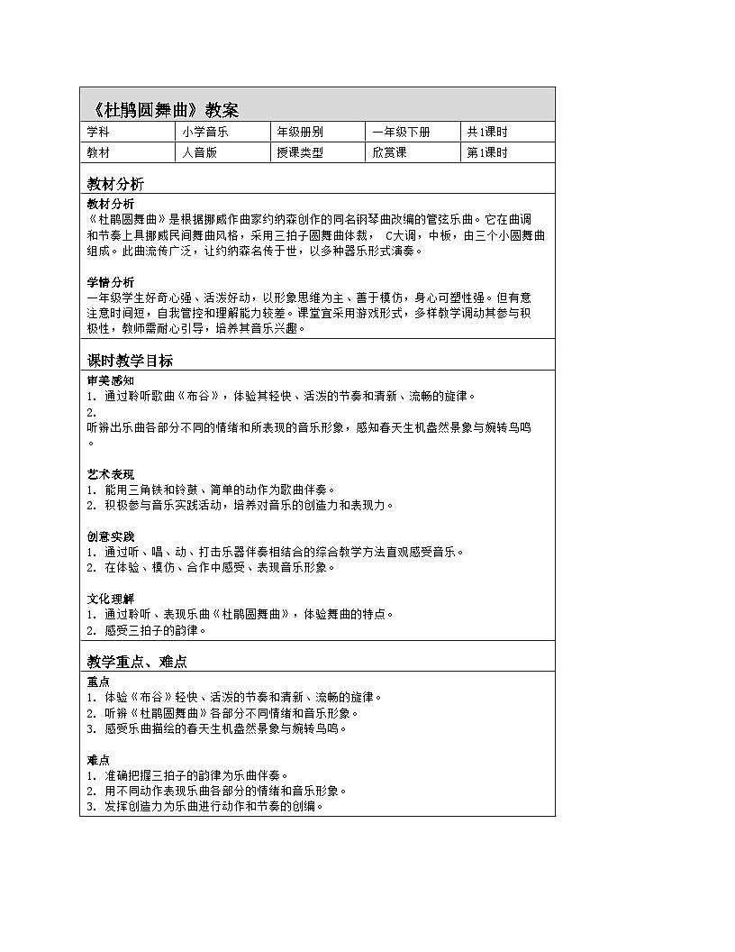 人音版一年级下册第一单元 《杜鹃圆舞曲》教案（表格式）第1页