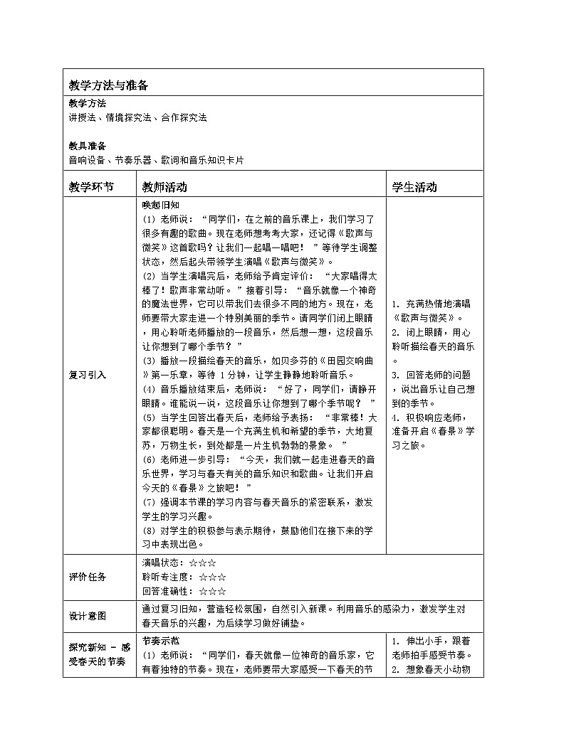 人音版一年级下册第一单元《春景》教案（表格式）第2页