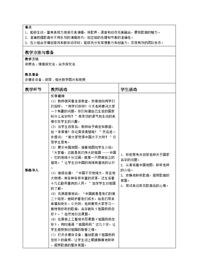 人音版2024音乐一年级上册第二单元音乐游戏 祖国妈妈您好 教案（表格式）第2页
