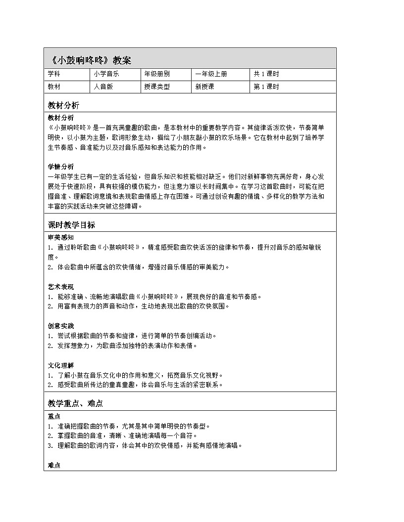 人音版2024音乐一年级上册欢乐谷《小鼓响咚咚》教案（表格式）第1页