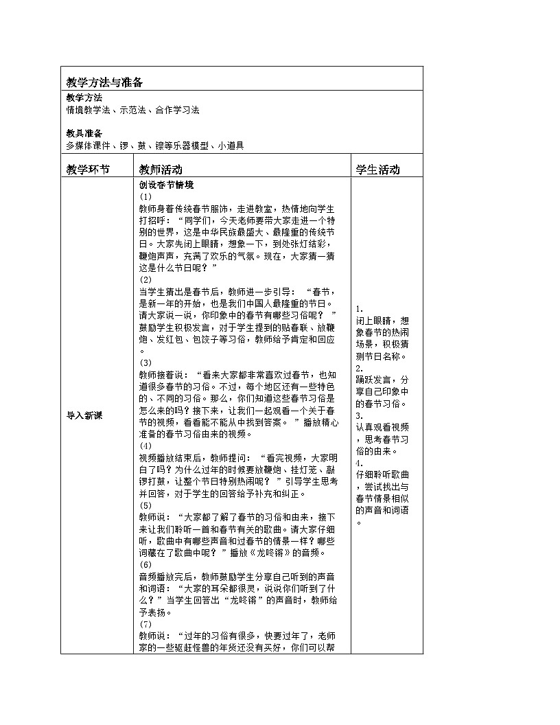人音版2024音乐一年级上册第六单元唱歌 龙咚锵 教案（表格式）第2页
