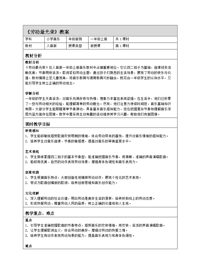 人音版2024音乐一年级上册第五单元聆听 劳动最光荣 教案（表格式）第1页