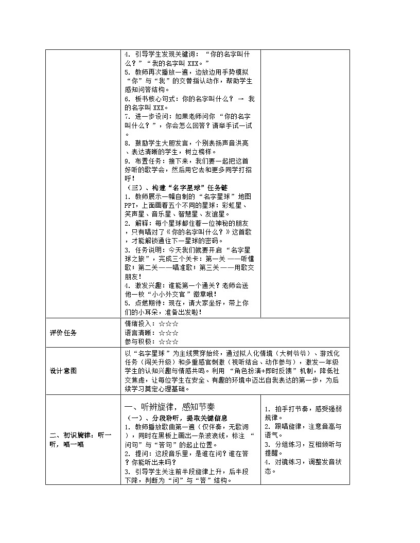 《你的名字叫什么？》教学设计（表格版）-2025-2026学年人音版（2024）音乐一年级上册第3页