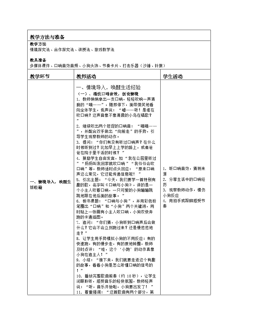 《口哨与小狗》教学设计（表格版）-2025-2026学年人音版（2024）音乐一年级上册第2页