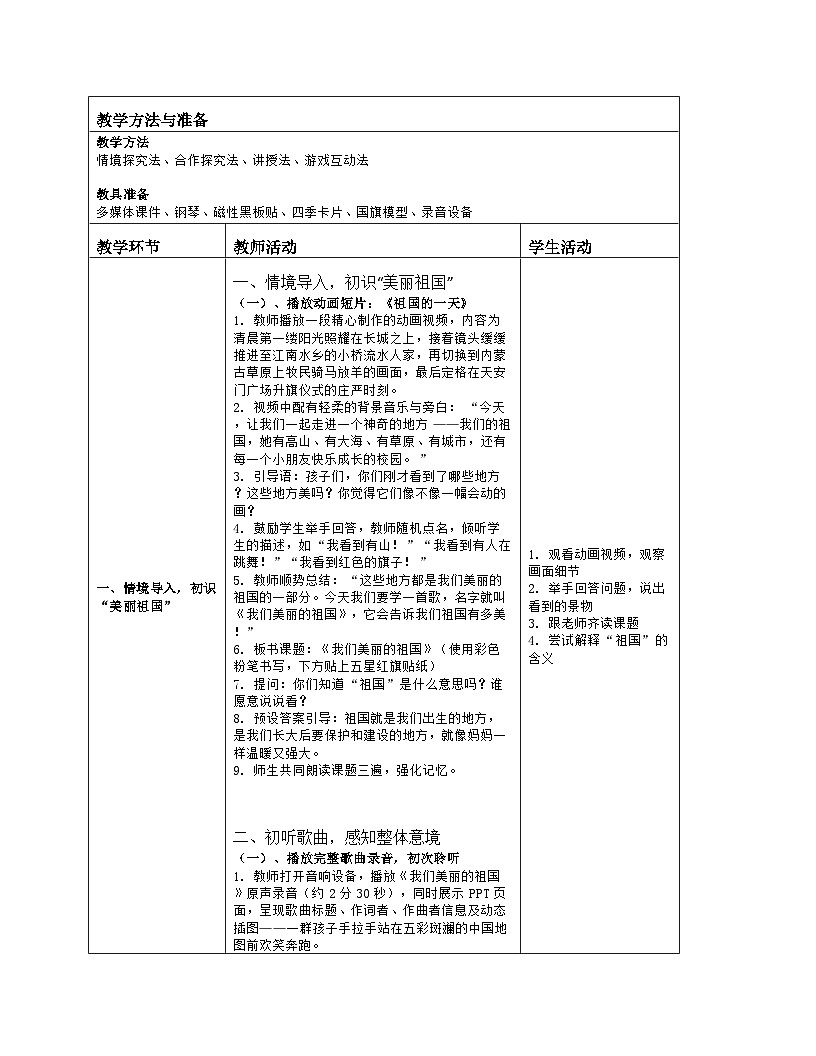 《我们美丽的祖国》教学设计（表格版）-2025-2026学年人音版（2024）音乐一年级上册第2页