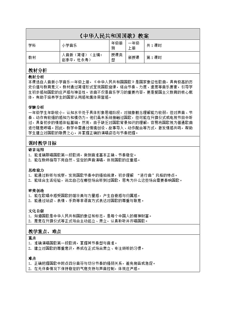 《中华人民共和国国歌》教学设计（表格版）-2025-2026学年人音版（2024）音乐一年级上册第1页
