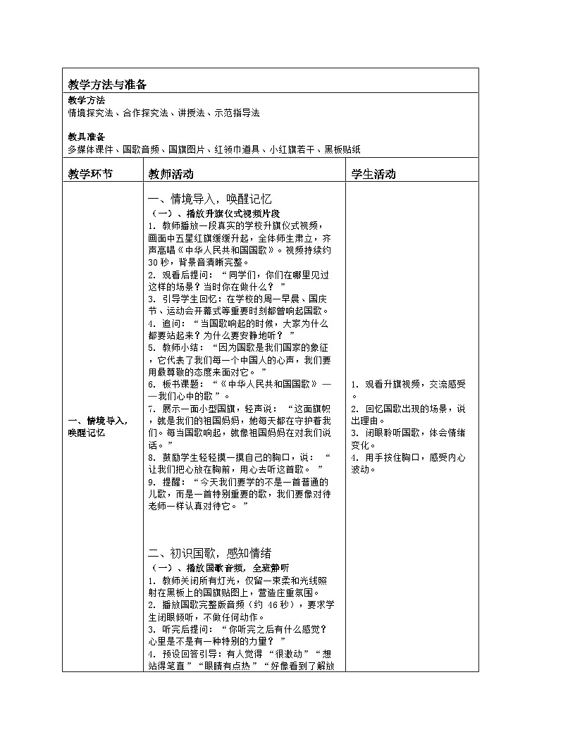 《中华人民共和国国歌》教学设计（表格版）-2025-2026学年人音版（2024）音乐一年级上册第2页
