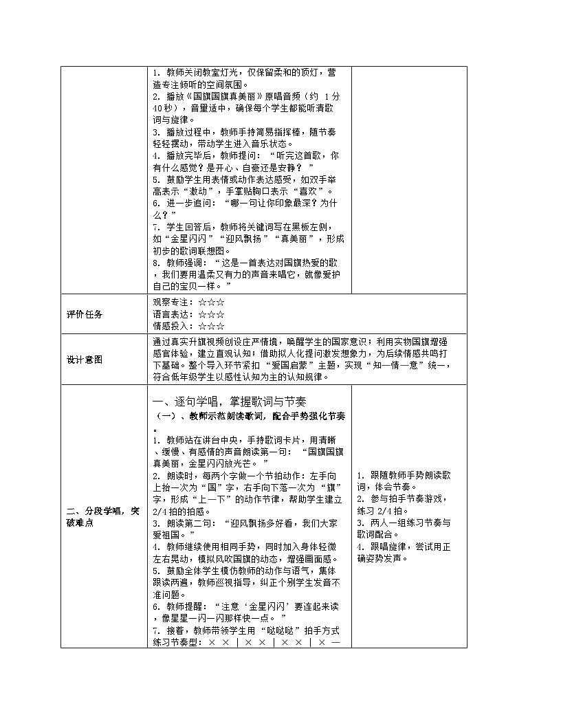 《国旗国旗真美丽》教学设计（表格版）-2025-2026学年人音版（2024）音乐一年级上册第3页