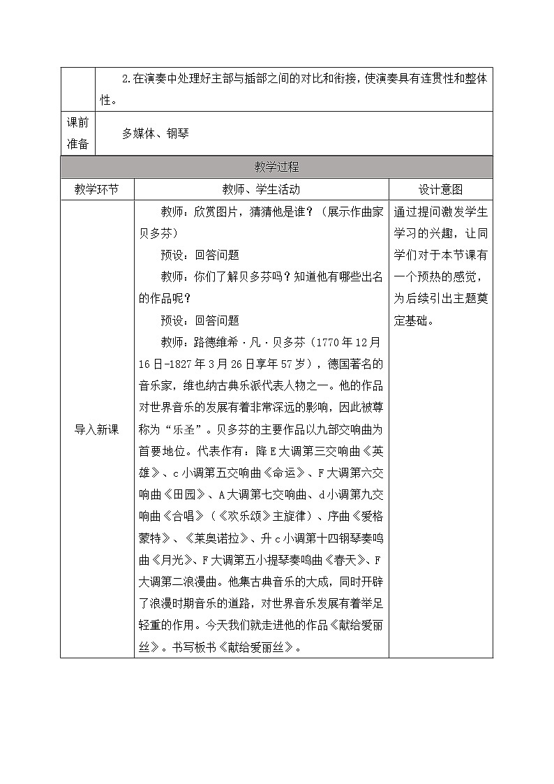新人教版小学音乐三上第二单元《小小演奏家 献给爱丽丝（片段）》教案第2页